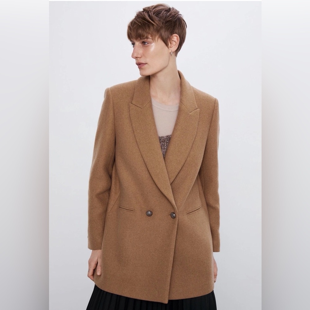 Zara Women Tan Wool Blend Double Breasted Blazer 2164/666 Size Small with tags